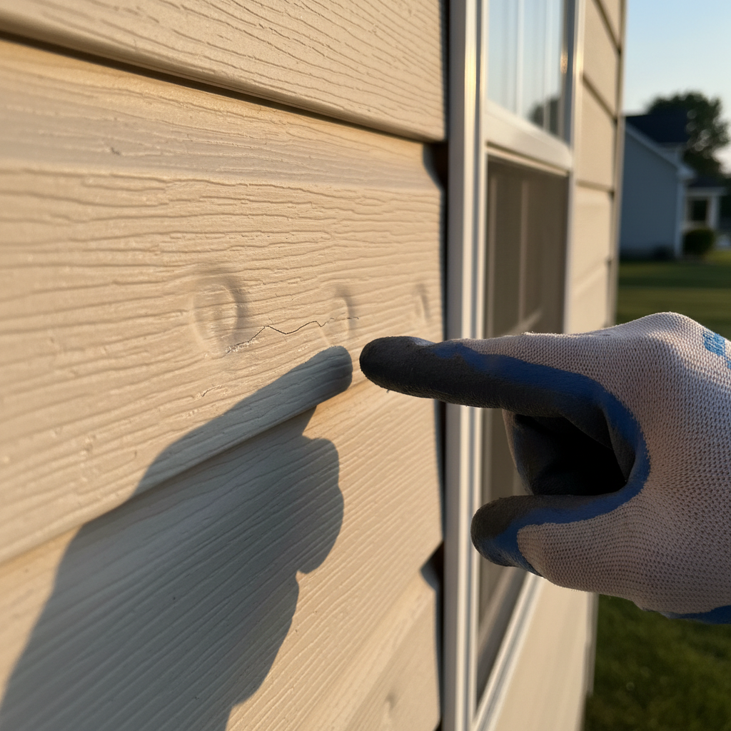 Close-up of vinyl siding with subtle hail damage, showing dents and a small crack highlighted by angled sunlight.