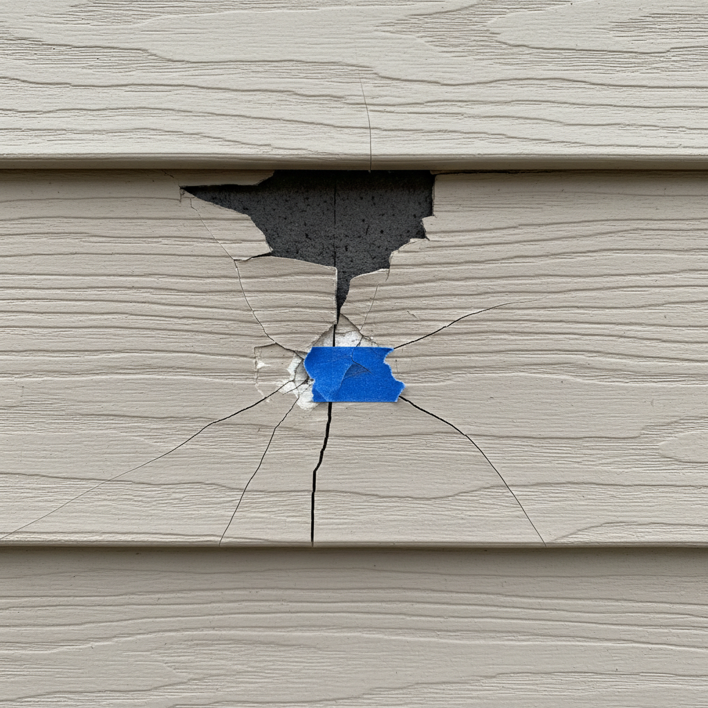 Close-up of vinyl siding with crescent cracks and chips from hail, marked with blue tape.