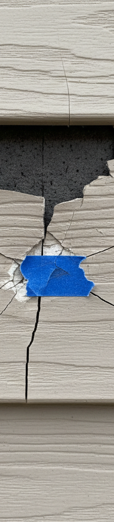 Close-up of vinyl siding with crescent cracks and chips from hail, marked with blue tape.