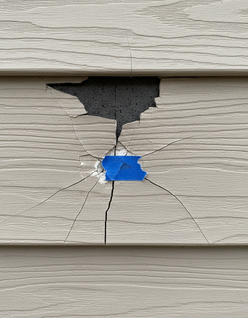 Close-up of vinyl siding with crescent cracks and chips from hail, marked with blue tape.