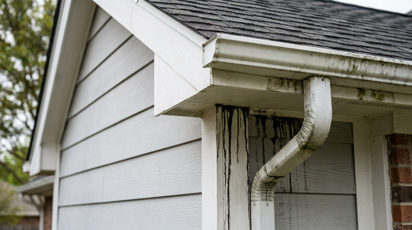 Dark black algae stains running down the side of a house with light gray siding, originating from the roofline.