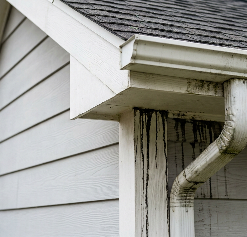 Dark black algae stains running down the side of a house with light gray siding, originating from the roofline.