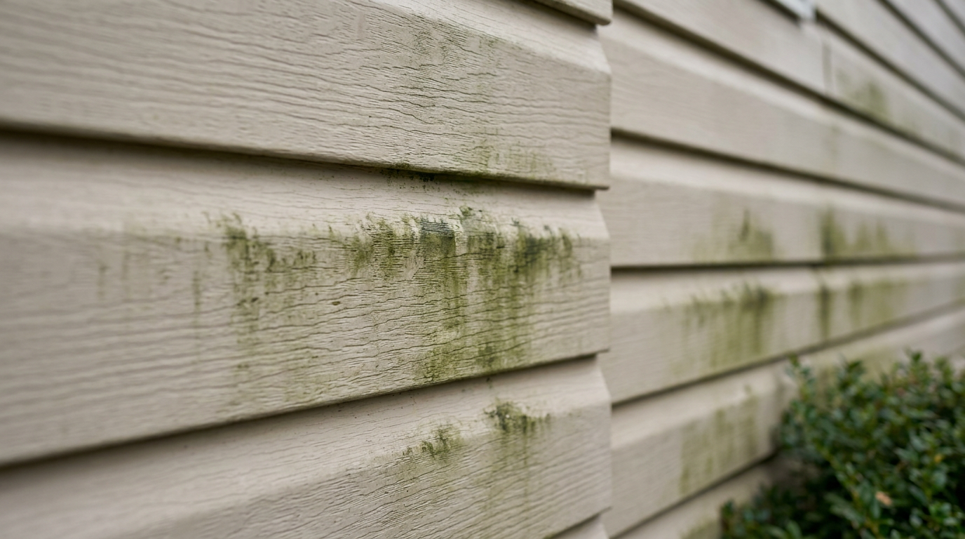 Green algae and mildew stains on a section of beige vinyl house siding