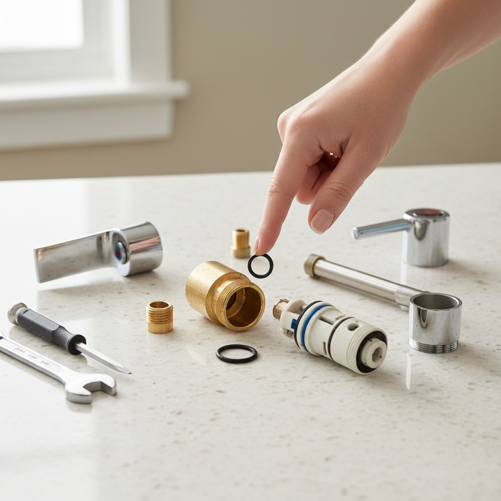 Homeowner's hand pointing to a worn O-ring from a disassembled single-handle faucet, with tools scattered around.