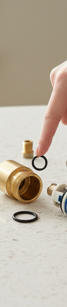 Homeowner's hand pointing to a worn O-ring from a disassembled single-handle faucet, with tools scattered around.