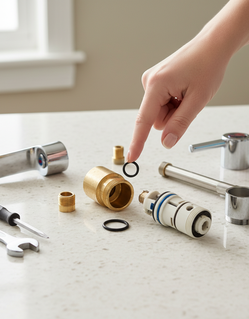 Homeowner's hand pointing to a worn O-ring from a disassembled single-handle faucet, with tools scattered around.