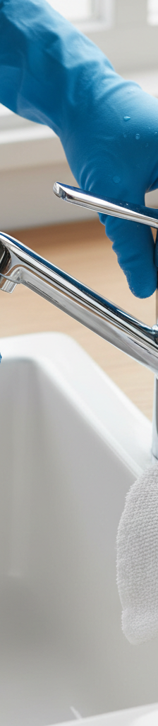 Hands repairing a chrome single-handle kitchen faucet, with its cartridge and O-rings laid out on a towel.