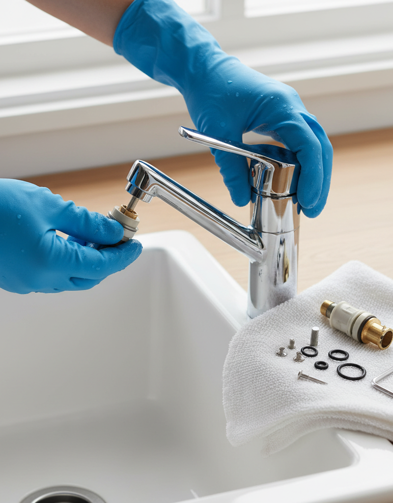 Hands repairing a chrome single-handle kitchen faucet, with its cartridge and O-rings laid out on a towel.