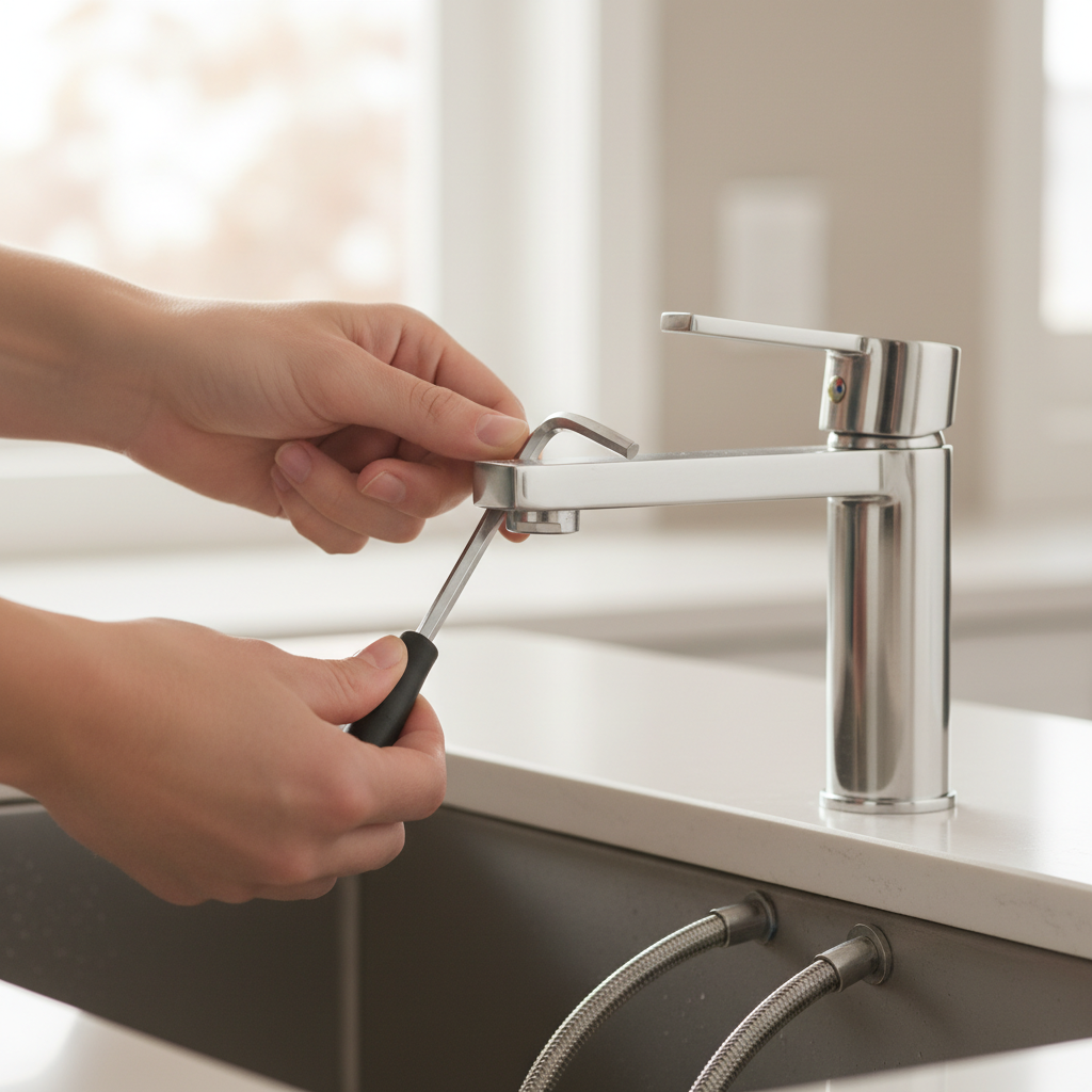 Hands loosening a set screw on a single-handle faucet with an Allen wrench to fix a leak.