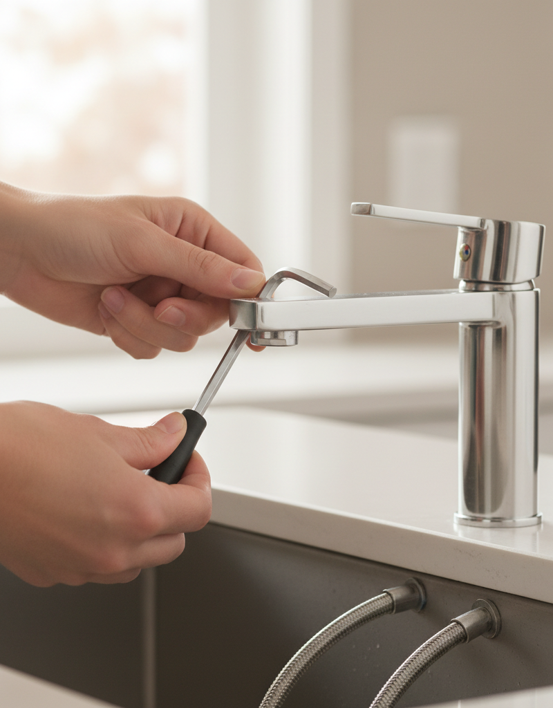 Hands loosening a set screw on a single-handle faucet with an Allen wrench to fix a leak.