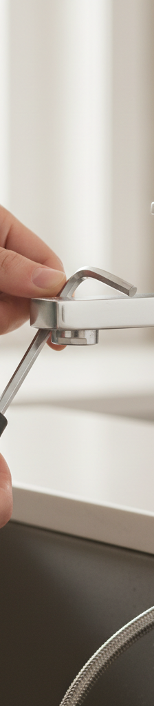 Hands loosening a set screw on a single-handle faucet with an Allen wrench to fix a leak.