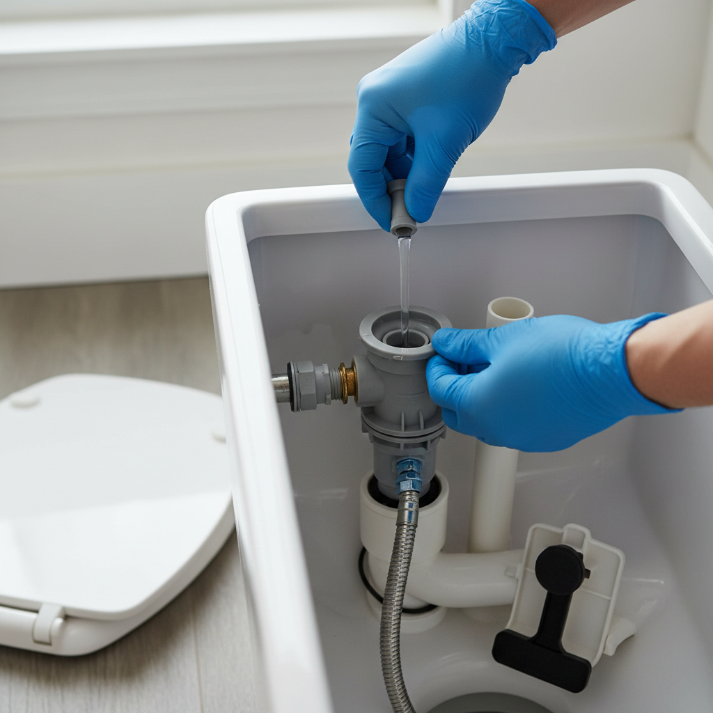 Person troubleshooting a slow-filling toilet tank, inspecting the fill valve components
