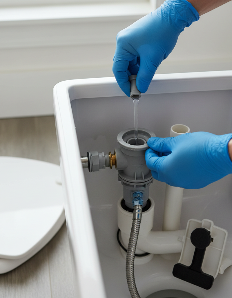 Person troubleshooting a slow-filling toilet tank, inspecting the fill valve components