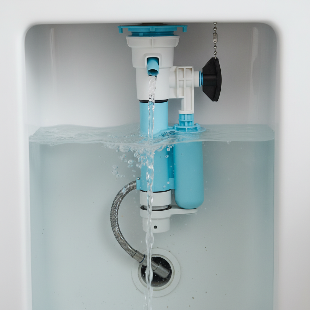 Interior of a toilet tank showing the fill valve mechanism and water refilling slowly.