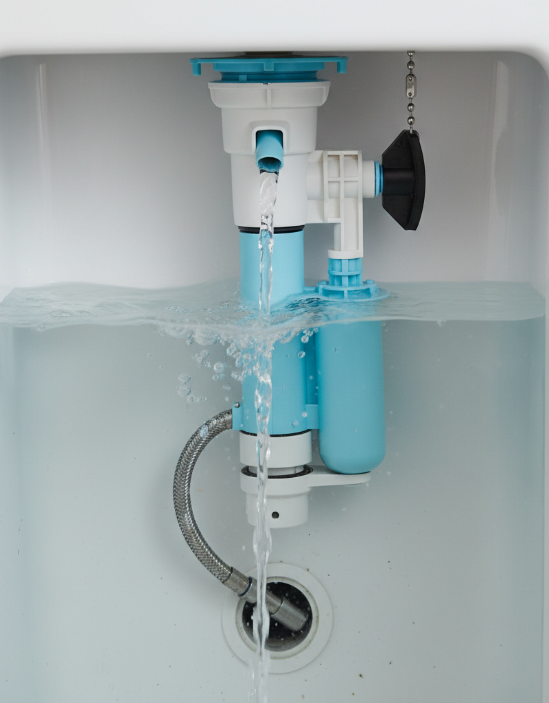 Interior of a toilet tank showing the fill valve mechanism and water refilling slowly.