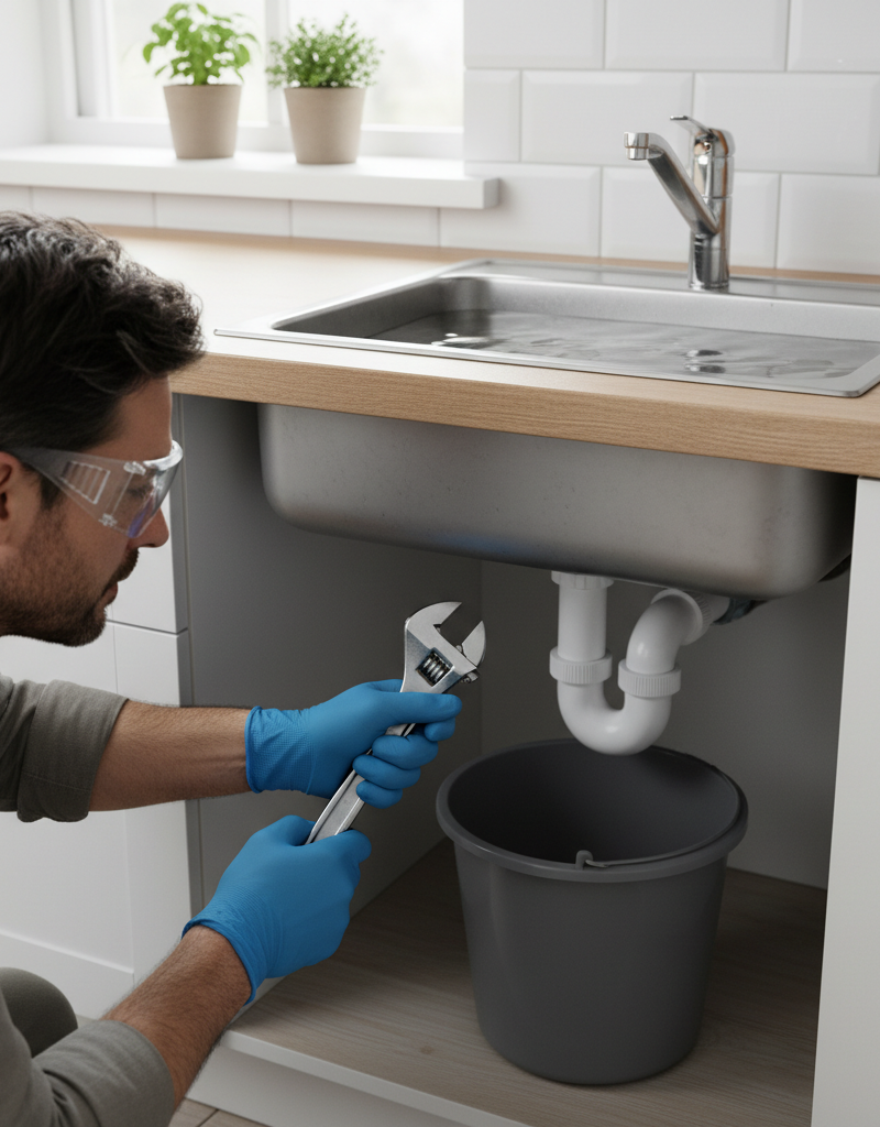 Homeowner looking at P-trap under a kitchen sink, troubleshooting a slow drain.