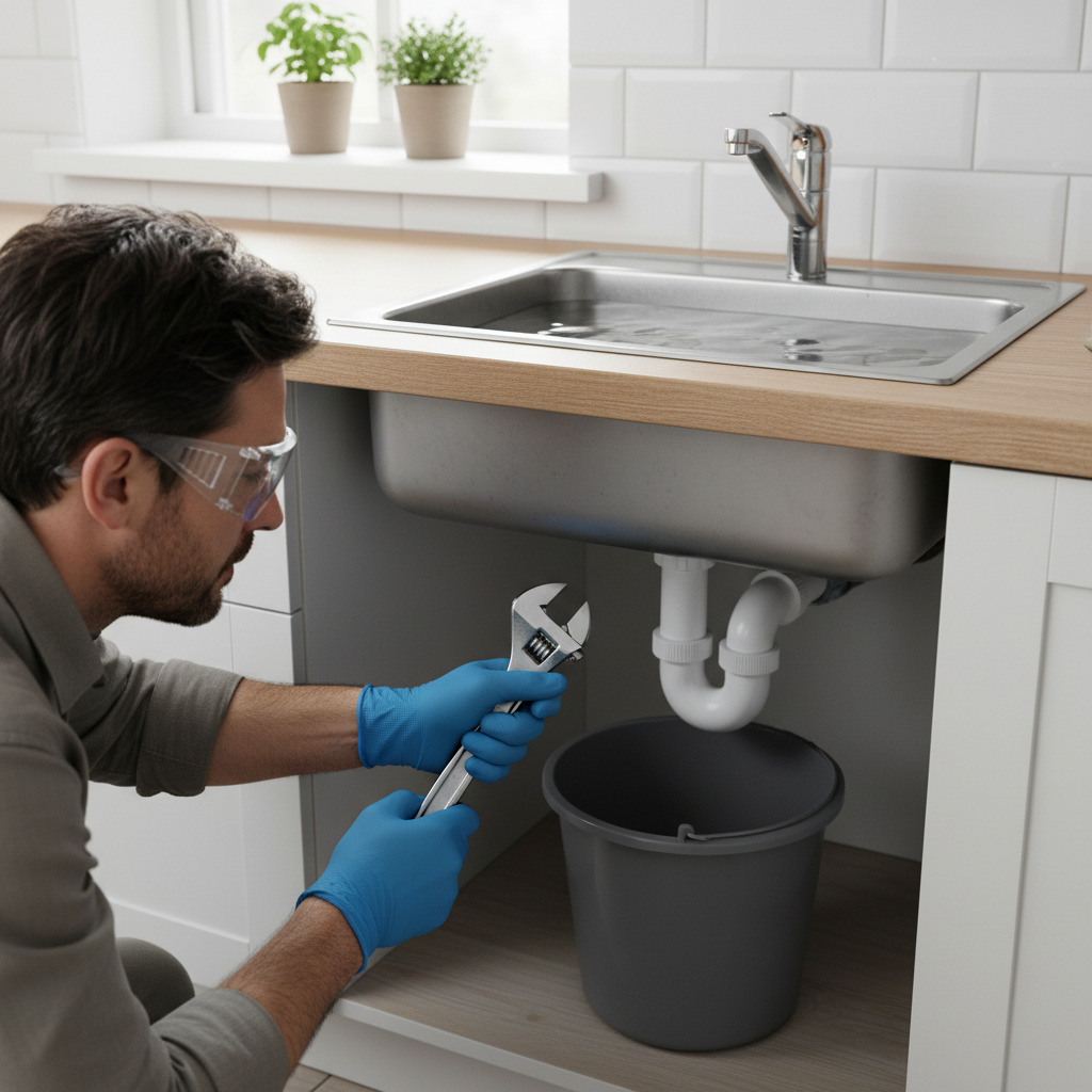 Homeowner looking at P-trap under a kitchen sink, troubleshooting a slow drain.