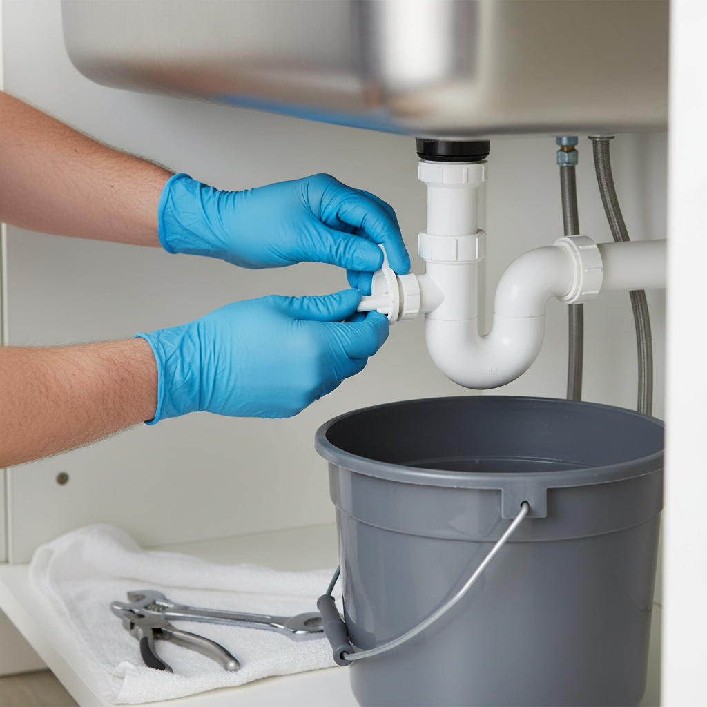 Homeowner under kitchen sink using pliers to loosen P-trap nut to fix a slow drain