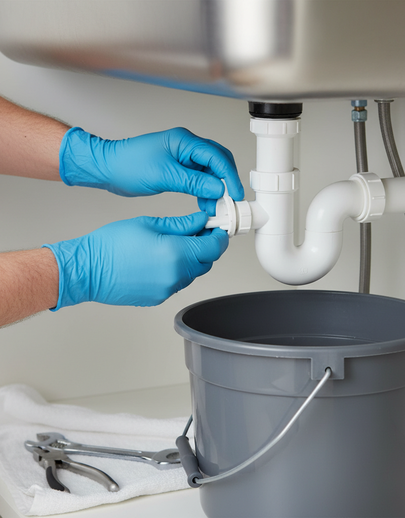 Homeowner under kitchen sink using pliers to loosen P-trap nut to fix a slow drain