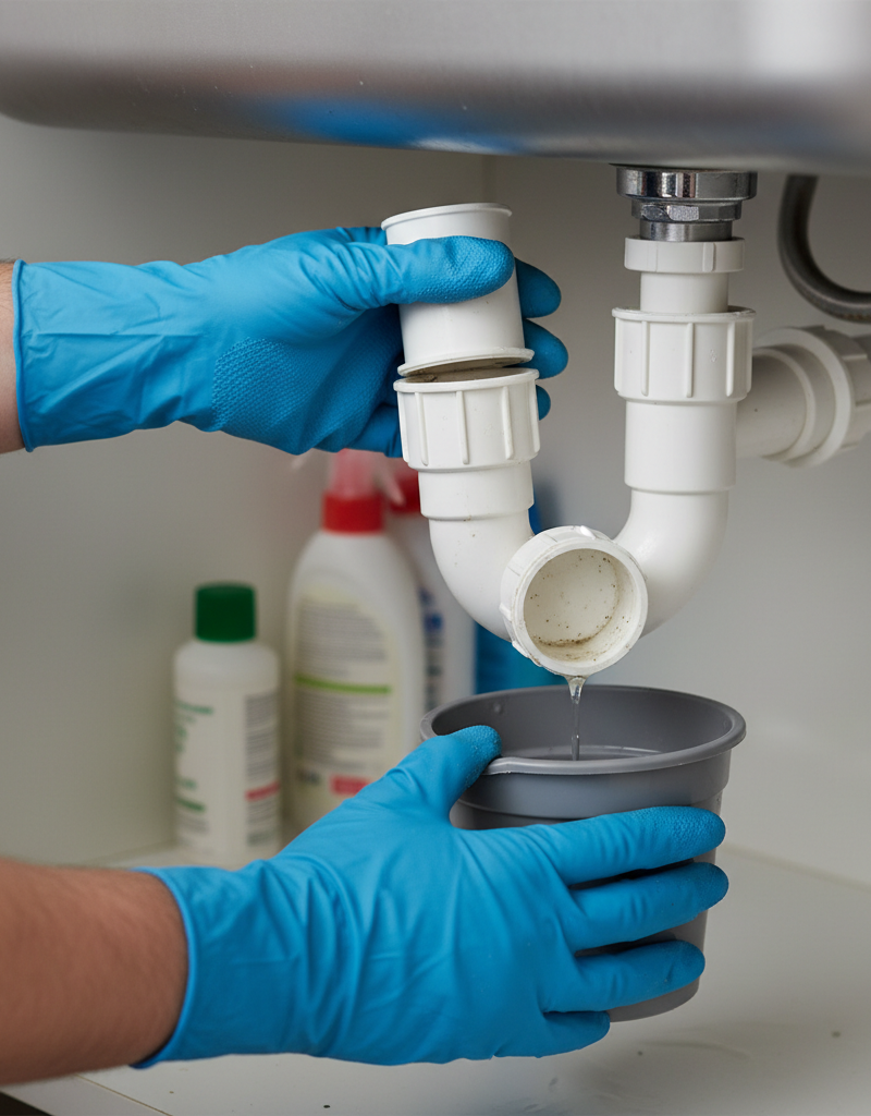 Homeowner clearing a P-trap under a kitchen sink to fix a slow drain