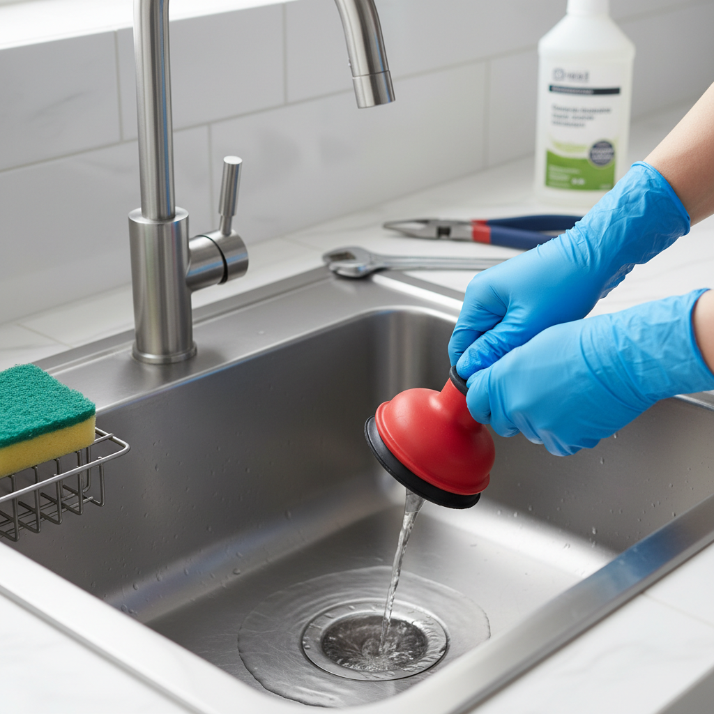 Homeowner preparing to plunge a slow-draining kitchen sink with rubber gloves on.