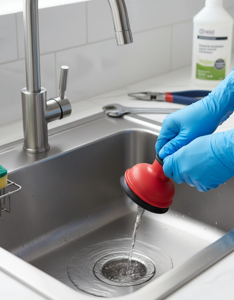 Homeowner preparing to plunge a slow-draining kitchen sink with rubber gloves on.