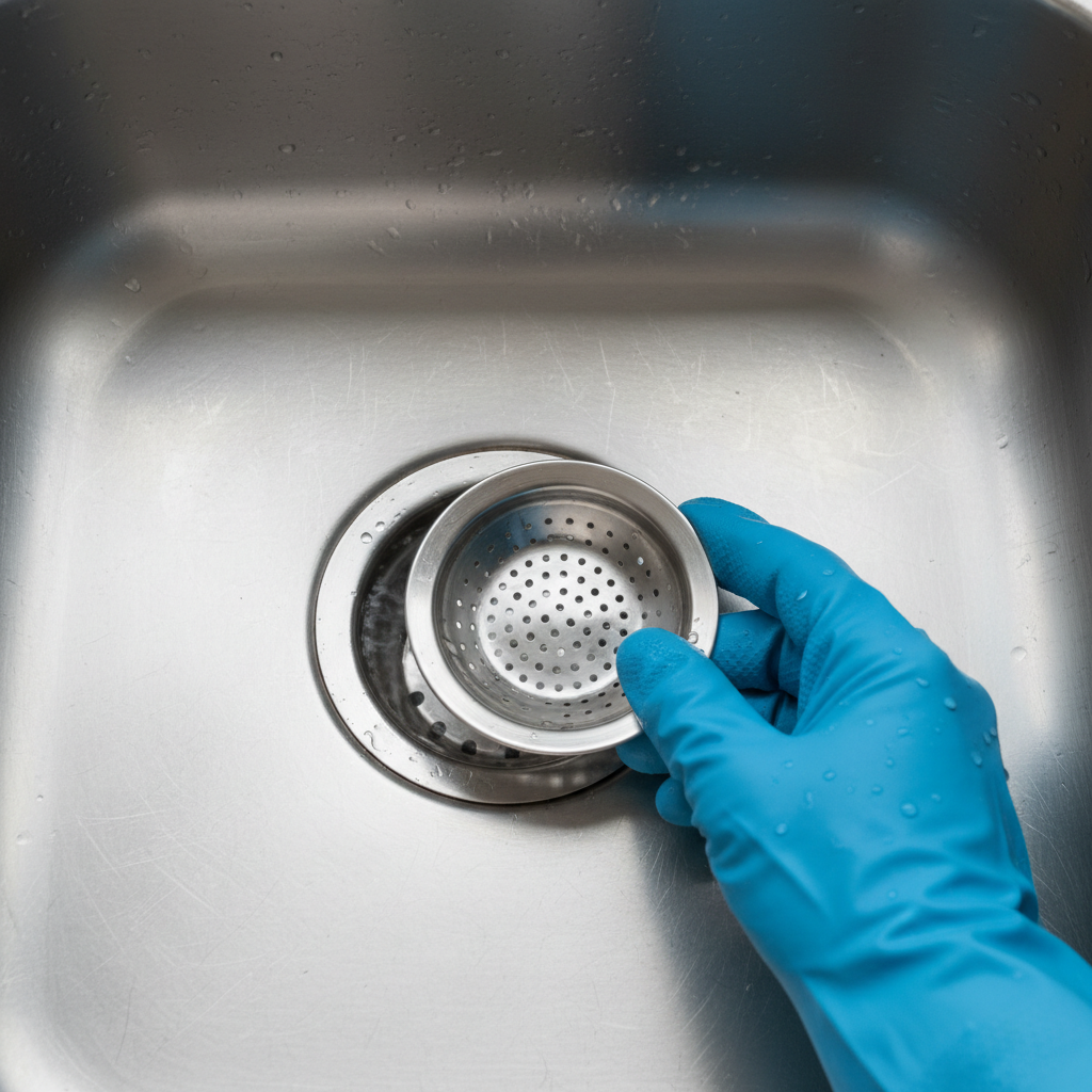 Hand with blue glove inserting a drain strainer into a slow-draining stainless steel kitchen sink.