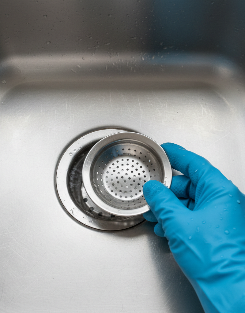 Hand with blue glove inserting a drain strainer into a slow-draining stainless steel kitchen sink.