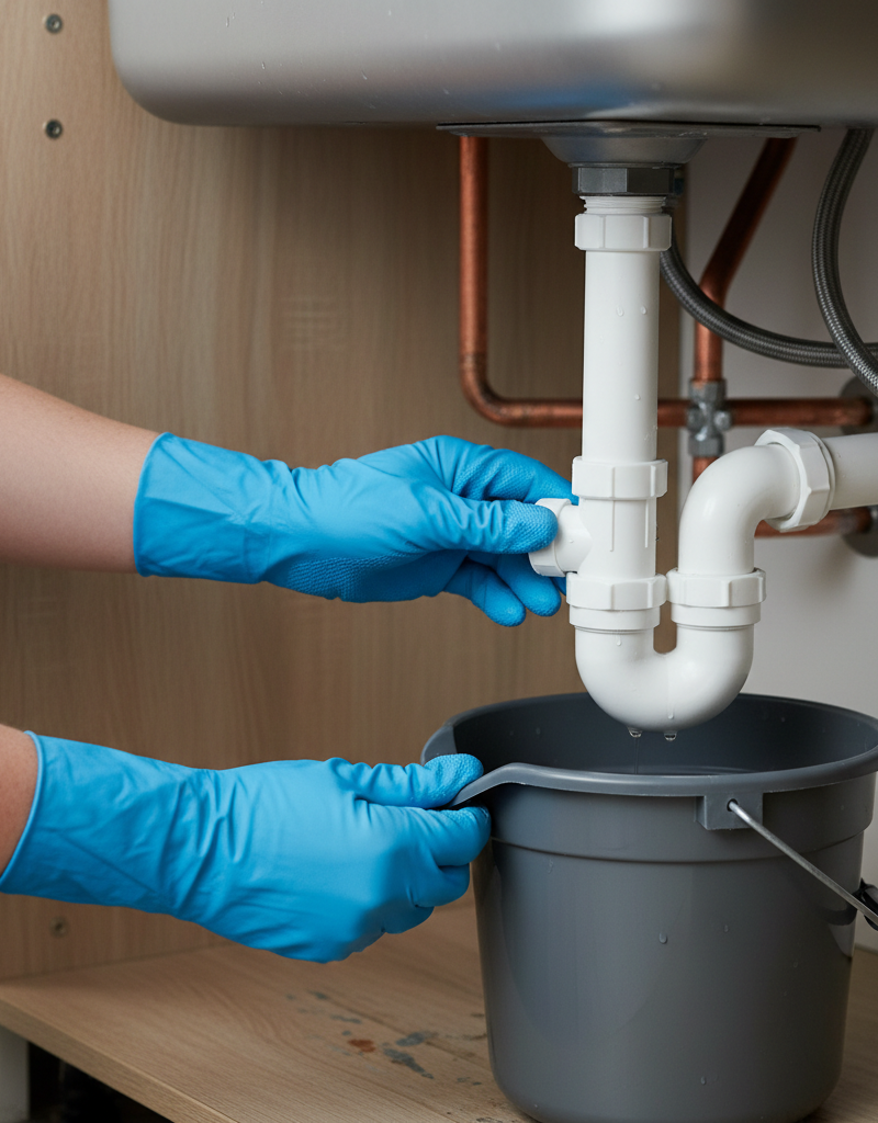 Hands in blue gloves removing a P-trap from under a kitchen sink with a bucket below.