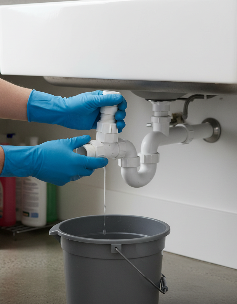 Homeowner's hands unscrewing a P-trap under a kitchen sink to clear a slow drain