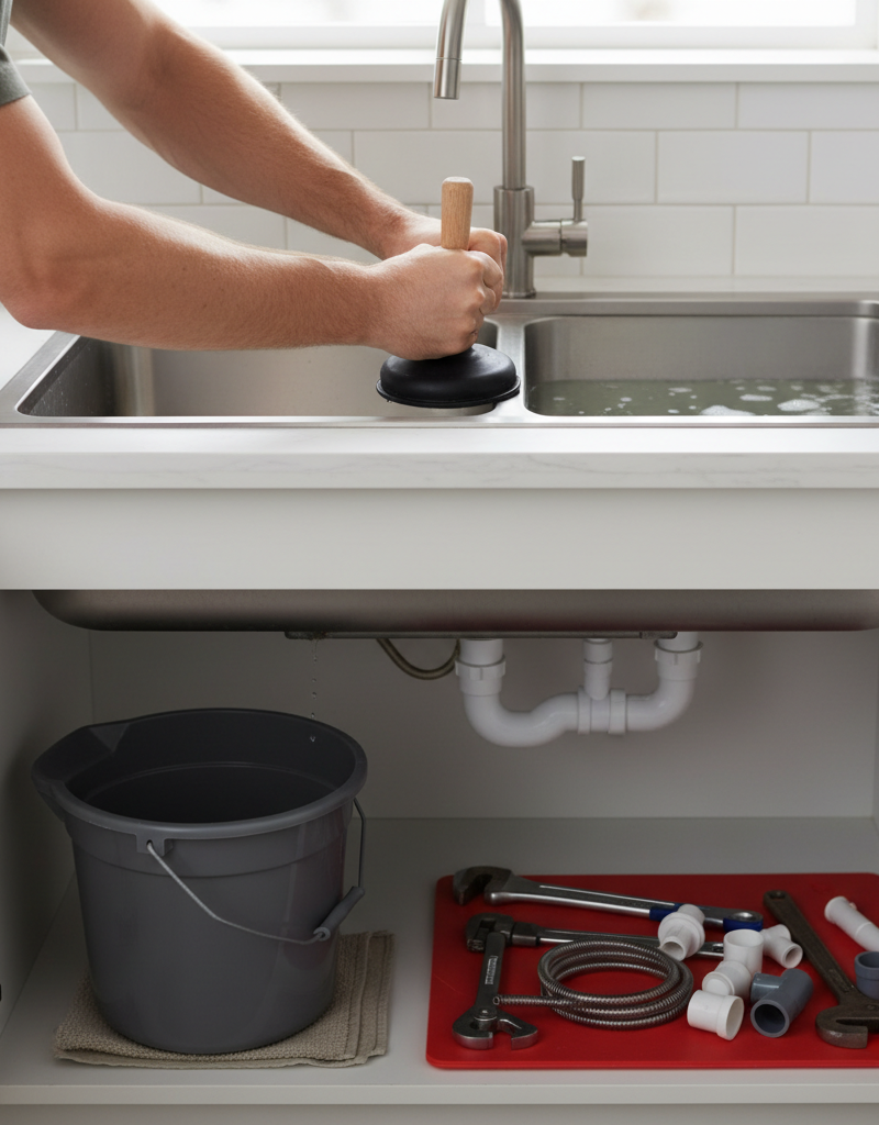 Homeowner plunging a slow kitchen sink drain with a rubber plunger and a bucket underneath the sink.