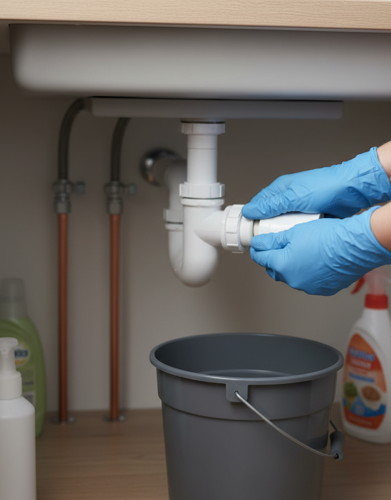 Homeowner in blue gloves unscrewing a P-trap under a kitchen sink to clear a slow drain