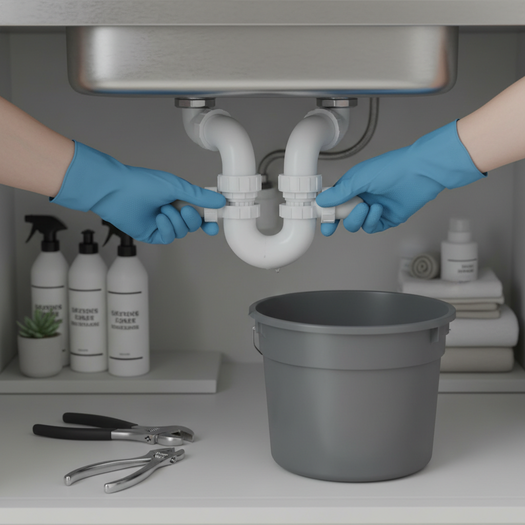 Homeowner in gloves cleaning a kitchen sink P-trap with a bucket underneath