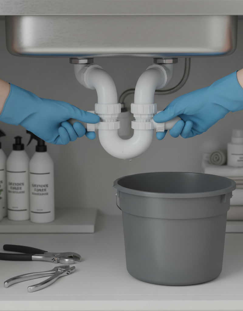 Homeowner in gloves cleaning a kitchen sink P-trap with a bucket underneath