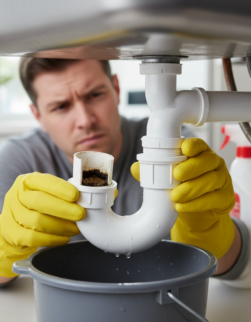 Homeowner inspecting a dirty P-trap under a kitchen sink to clear a slow drain