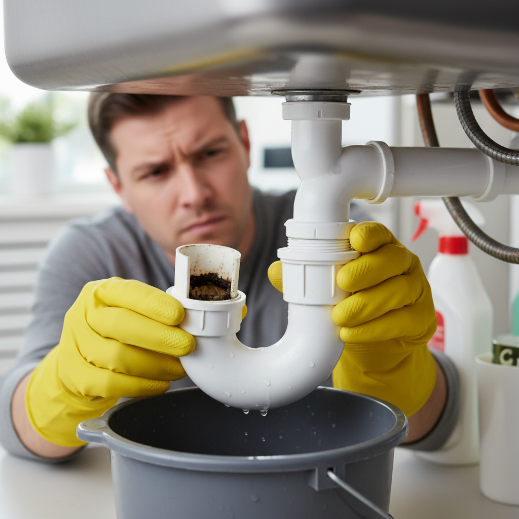 Homeowner inspecting a dirty P-trap under a kitchen sink to clear a slow drain