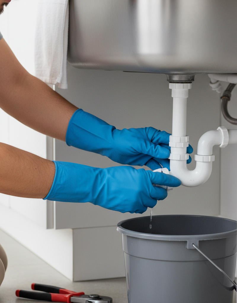 Homeowner's hands in gloves disconnecting a kitchen sink P-trap with tools to clear a slow drain