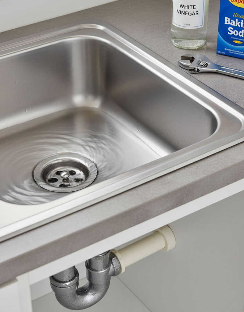 Kitchen sink with slow draining water, showing the P-trap underneath, indicating a common plumbing issue.