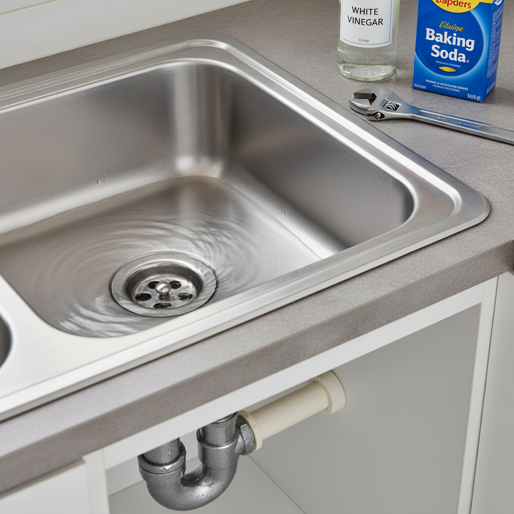 Kitchen sink with slow draining water, showing the P-trap underneath, indicating a common plumbing issue.