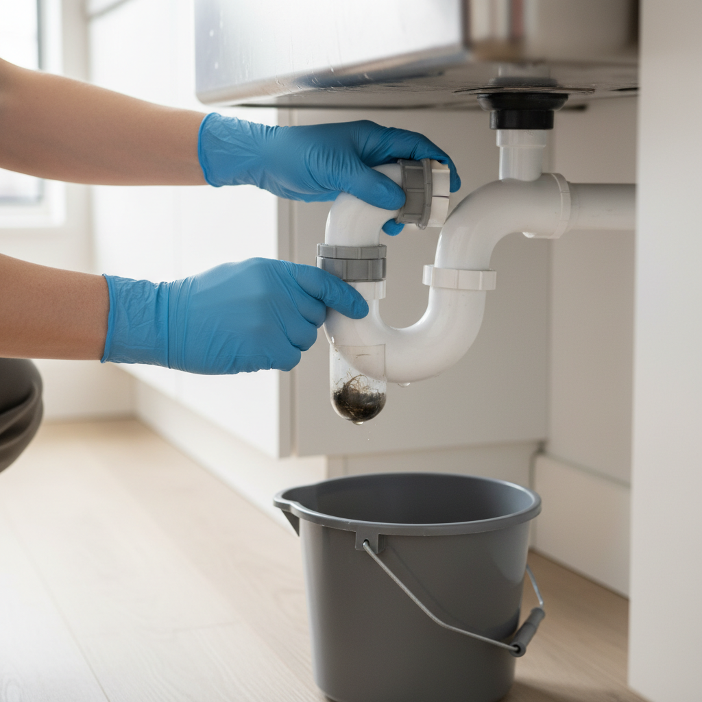 Homeowner in gloves clearing a clogged kitchen sink P-trap with a bucket underneath