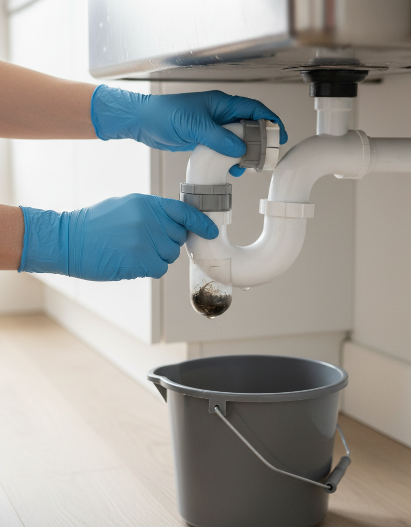 Homeowner in gloves clearing a clogged kitchen sink P-trap with a bucket underneath