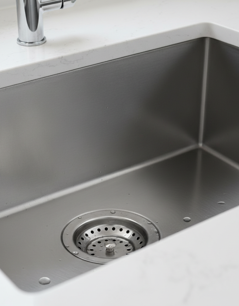 Water slowly swirling down a modern kitchen sink drain with a stainless steel basket strainer