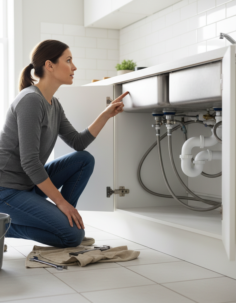 Homeowner troubleshooting a slow kitchen sink drain by inspecting the P-trap plumbing.