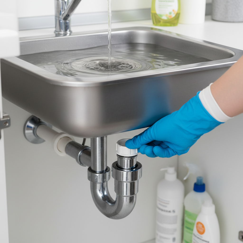 Person in blue gloves about to remove P-trap from under a slowly draining kitchen sink.
