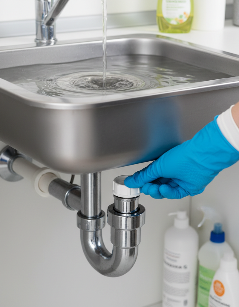 Person in blue gloves about to remove P-trap from under a slowly draining kitchen sink.