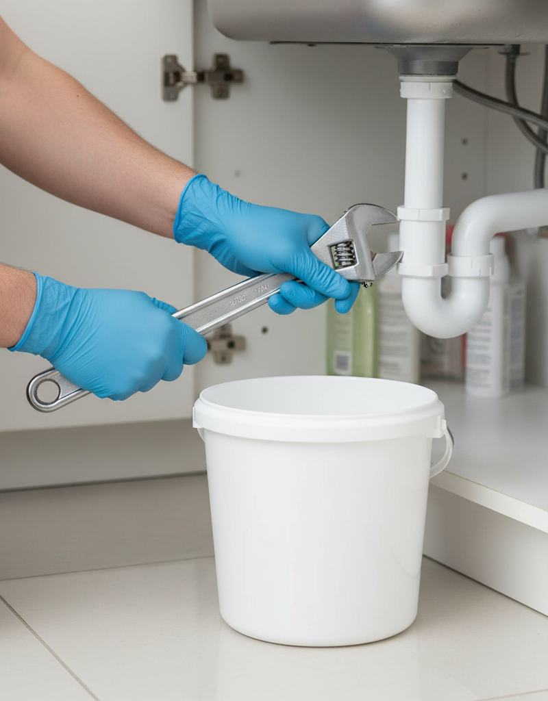 Homeowner carefully removing P-trap from under a kitchen sink to clear a slow drain.