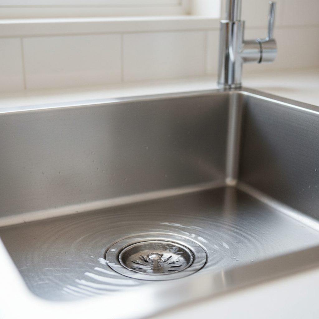 Kitchen sink water slowly draining with a partial clog