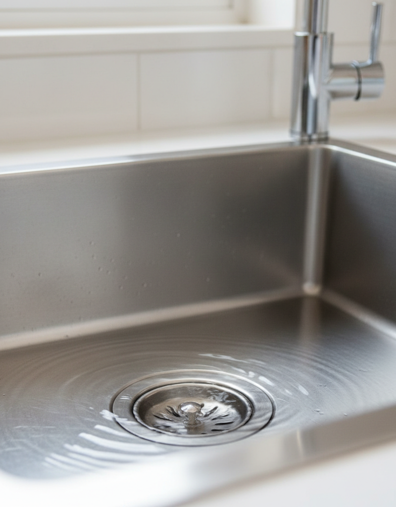 Kitchen sink water slowly draining with a partial clog