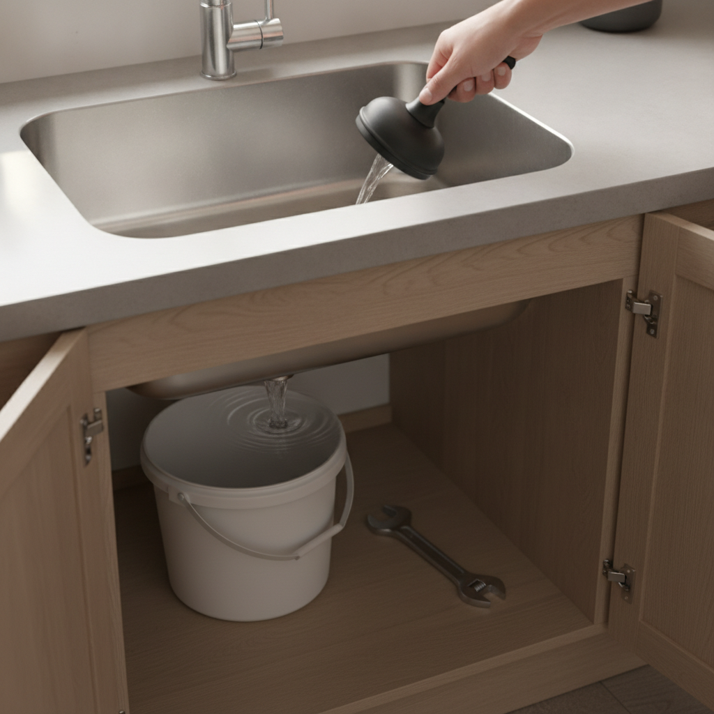 Homeowner troubleshooting a slow kitchen sink drain with a plunger and tools like a wrench and bucket in the background