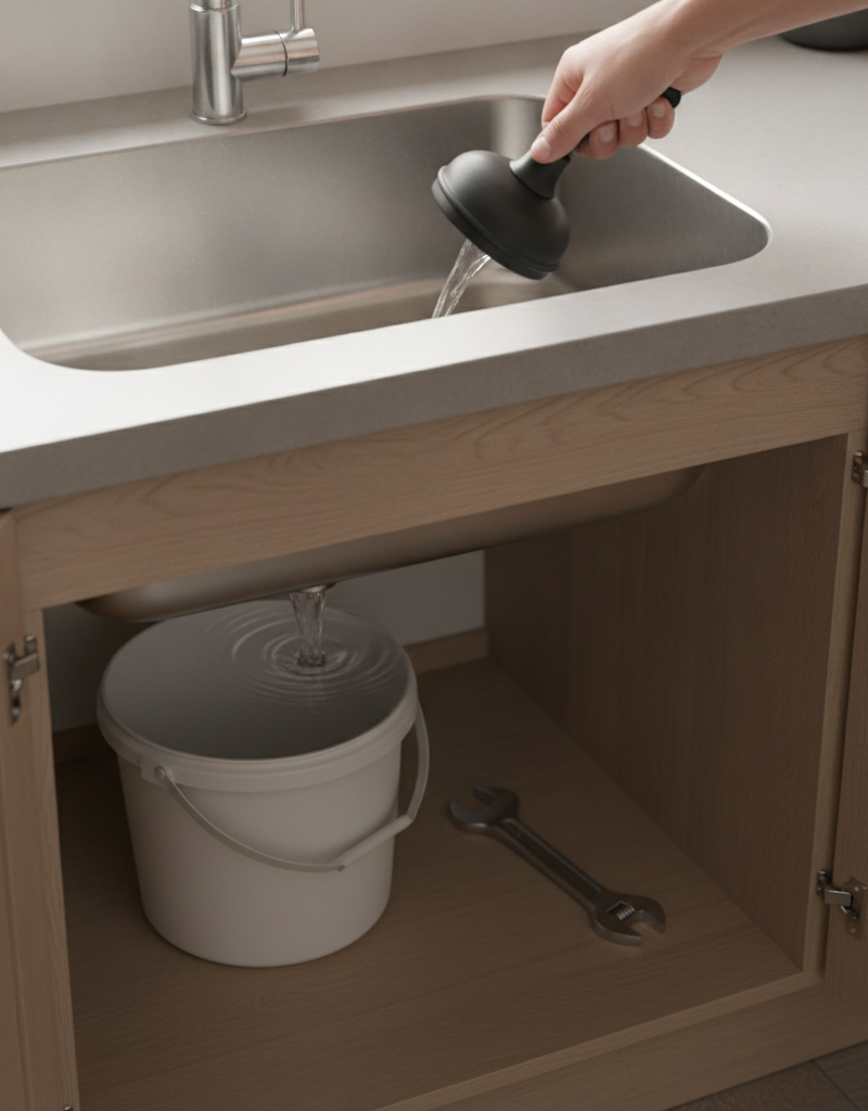 Homeowner troubleshooting a slow kitchen sink drain with a plunger and tools like a wrench and bucket in the background